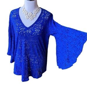 Jordan Taylor Bell Sleeve V-Neck Tunic Royal Blue Lace size Medium Made in USA
